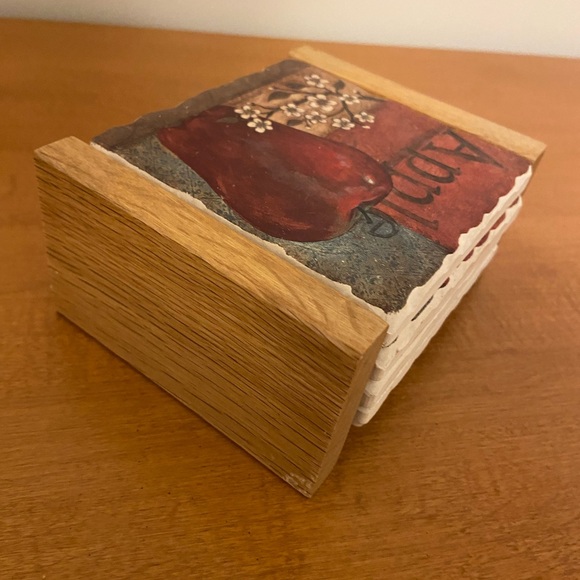Set of 4 Ceramic Apple Coasters with Wooden Holder - Picture 4 of 8